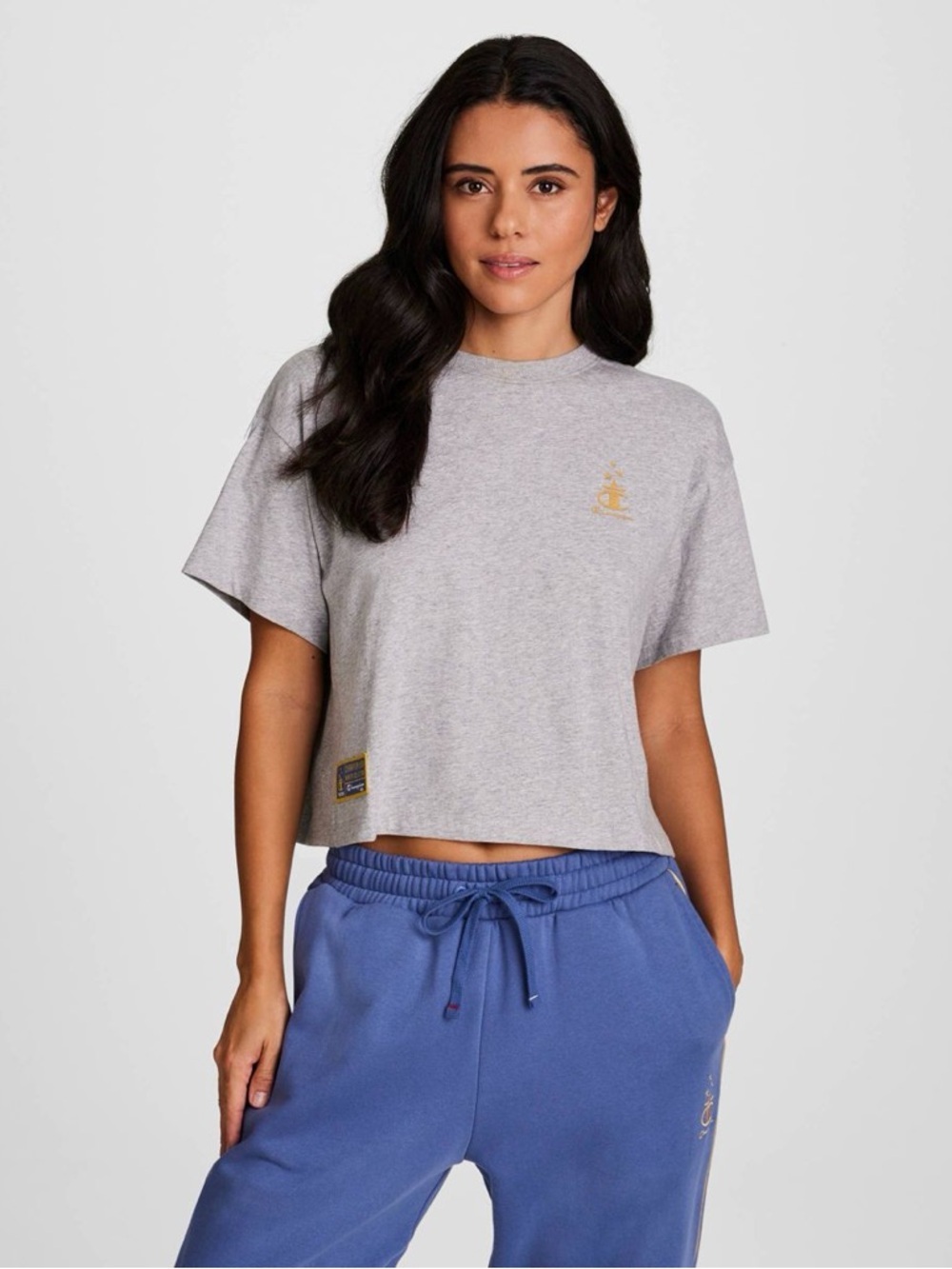 Champion Gray Cropped Crewneck Tee with Gold Logo